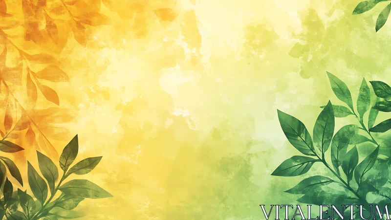 Sunlit green foliage drifts across warm watercolor haze.