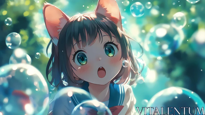 Cat eared anime girl gazes at floating bubbles outdoors.