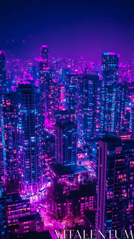 Neon-saturated high-rise cityscape under dense magenta-blue haze