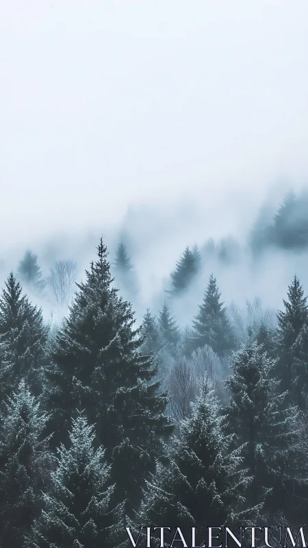 Frosted conifer forest recedes into soft atmospheric fog banks.