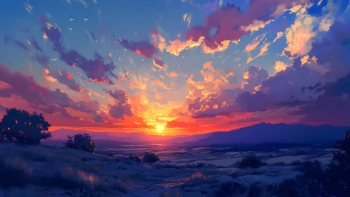 Sunset over distant hills in stylized digital landscape painting.
