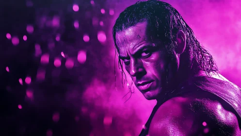 Intense male portrait under neon magenta backlight haze.