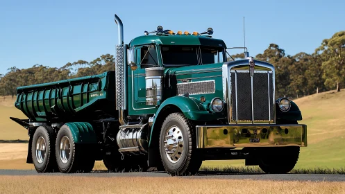 Green classic dump truck parked on rural roadside landscape.