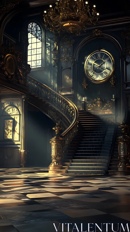 Gilded clock hall where spiral stairs cradle lost time.