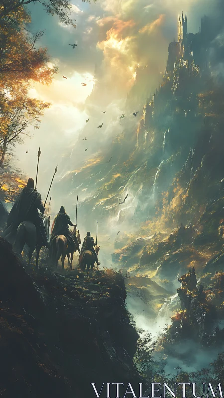 Epic fantasy riders approaching citadel on misted cliff face.