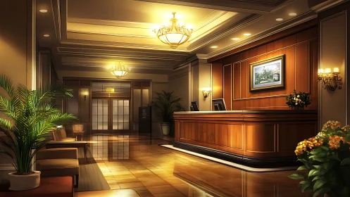 Luxury hotel lobby glows under warm chandelier lighting.