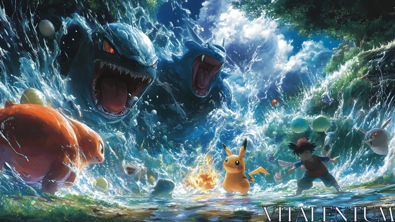 Hydrodynamic ambush with electrified counterstrike in forest gorge.