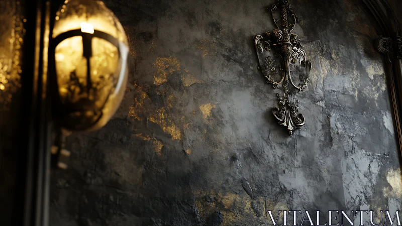 Aged textured wall with ornate metal sconce and warm light