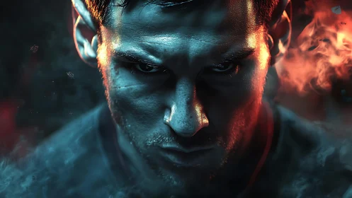 Intense male portrait with dramatic blue and red lighting.