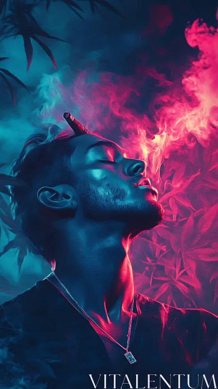 Side profile male portrait with cigar and neon smoke glow.