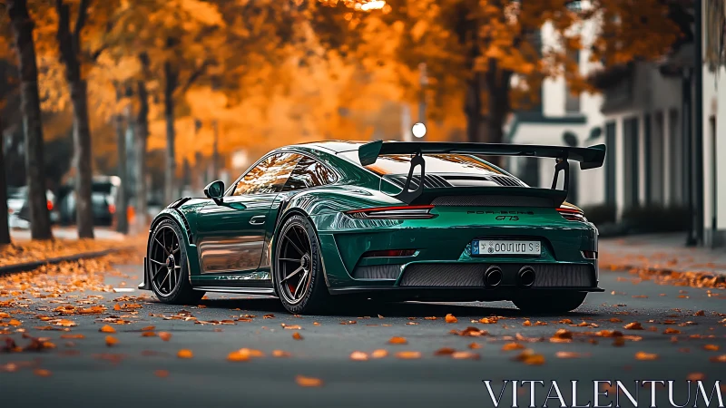 Emerald Porsche GT3 poised on autumn street with bokeh glow.