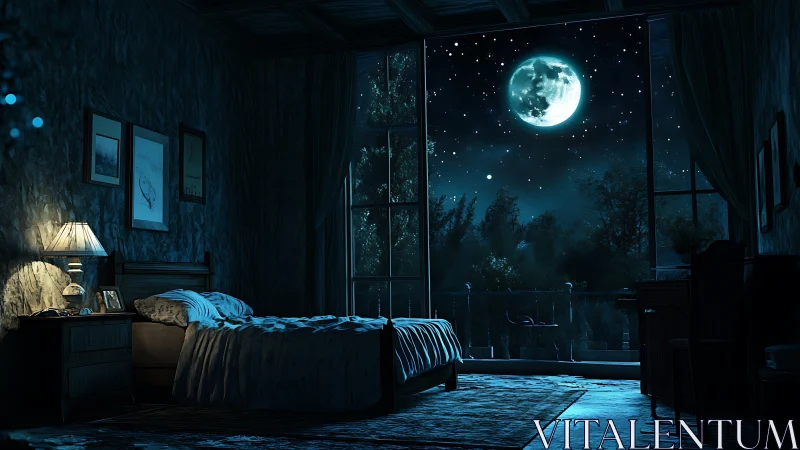Moonlit bedroom interior under deep blue night sky.