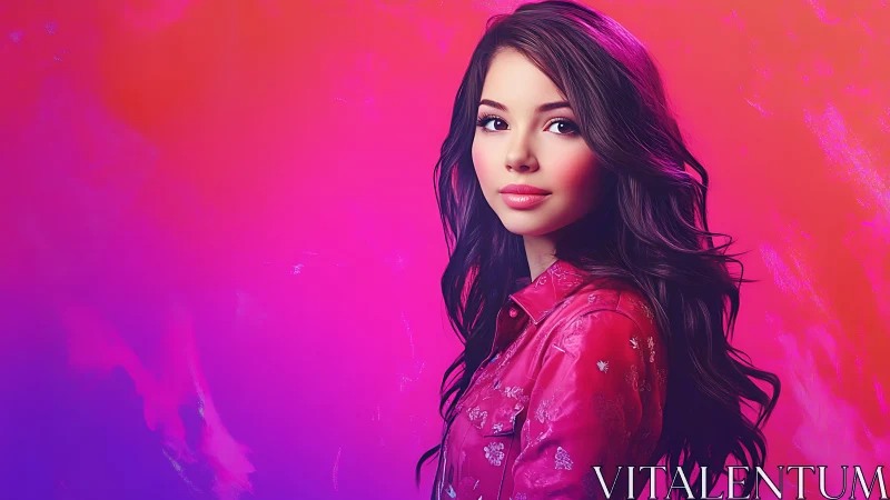 Digital portrait depicts woman against gradient magenta backdrop