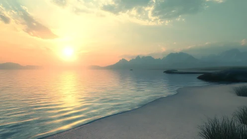 Soft sunrise drapes pastel light across a hushed shoreline