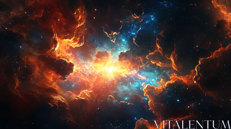 Stellar nebula ignites vivid orange and cyan cosmic clouds