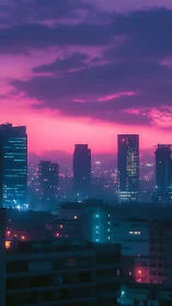 Urban skyline shows illuminated towers at dusk under clouds