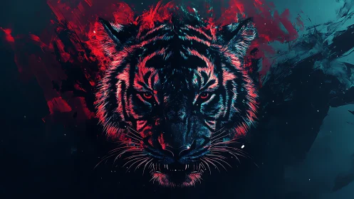 Neon-lit tiger head emerges from abstract cosmic shadows
