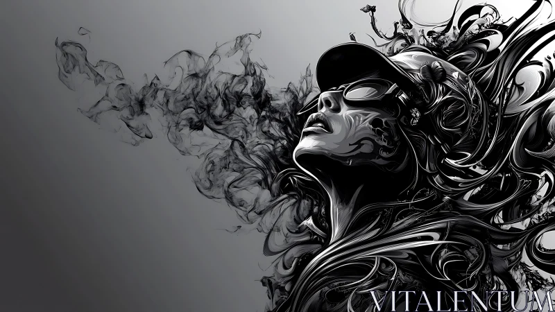 Monochrome abstract portrait merges figure with swirling smoke