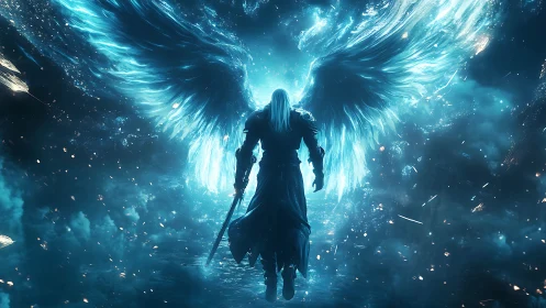 Celestial swordsman rising beneath luminous ethereal wings.