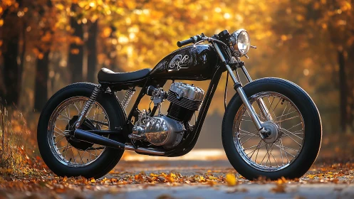 Custom cafe racer motorcycle with polished twin engine in autumn forest