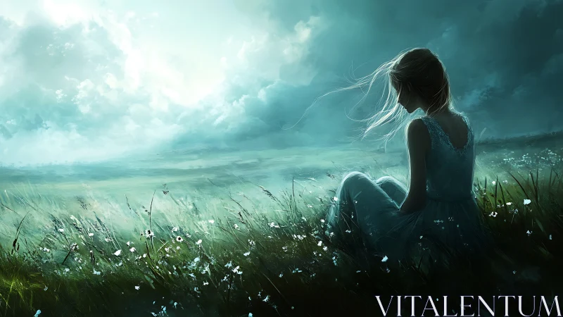 Solitary meadow dreamer beneath storm-brightened skies.