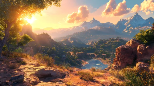 Sunlit canyon trail gazing toward snowbright dragon peaks.