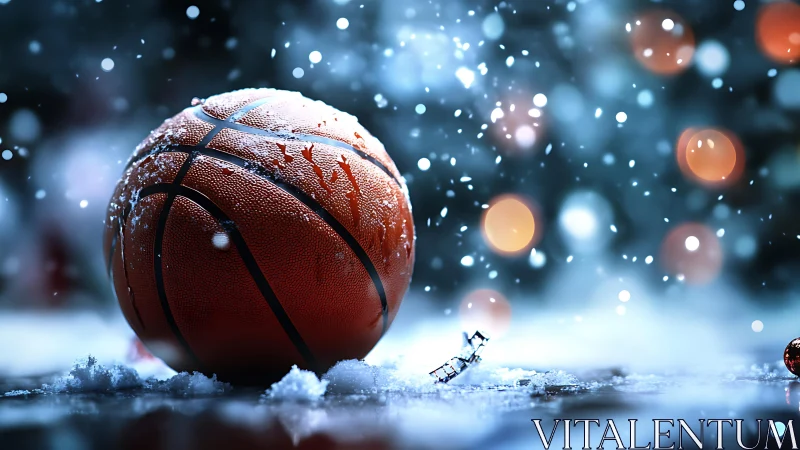 Basketball on snowy outdoor court with winter lighting.