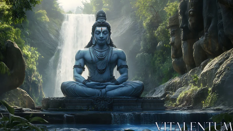 Serene blue Shiva statue before waterfall in forest landscape.