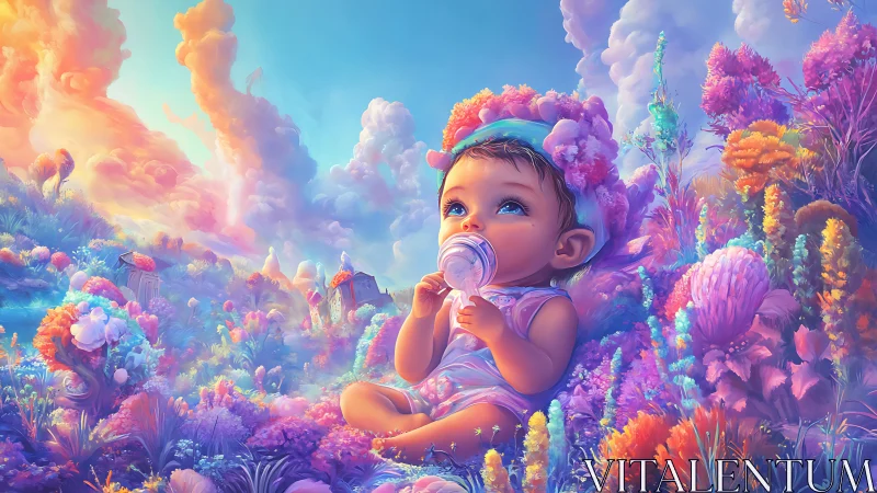 Softly glowing baby dreams in a candy colored fantasy garden