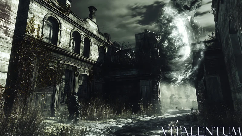 Soldier approaches spectral vortex between ruined buildings