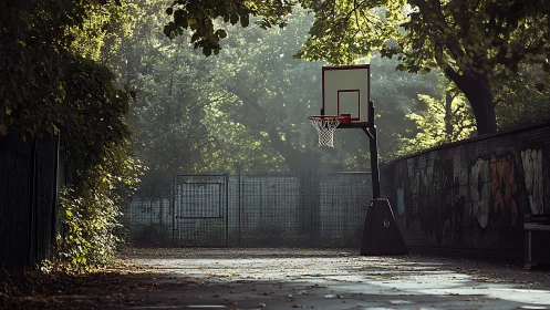 Outdoor basketball hoop on quiet tree-lined urban court.
