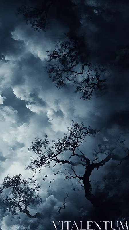 Midnight storm clouds swirling above whispering trees.