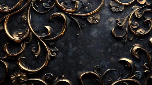 Baroque metallic scrollwork on dark textured patina background