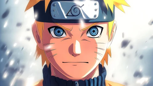 Blazing ninja gaze ignites swirling light and quiet resolve.