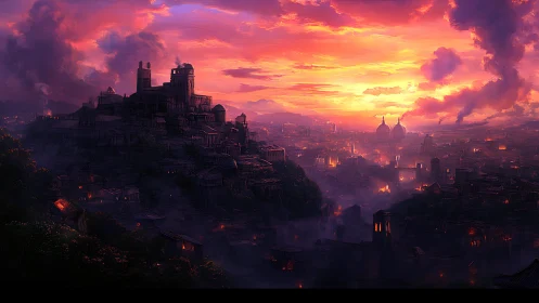 Sunset illuminates dense hilltop city with layered structures