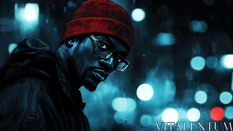 Cyberpunk portrait in teal bokeh with red beanie accent lighting.
