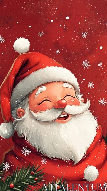 Cheerful stylized Santa portrait with snowfall on red backdrop
