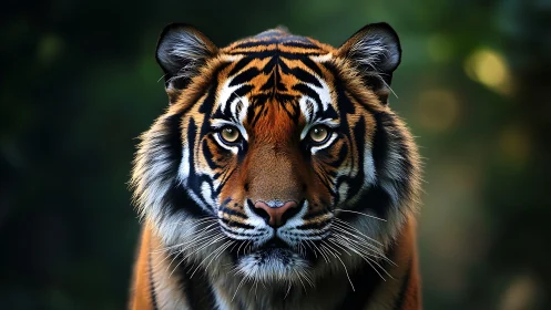 Majestic tiger stares ahead in softly lit jungle shadows