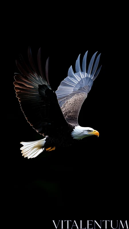 Bald eagle soars in sharp profile against black sky.