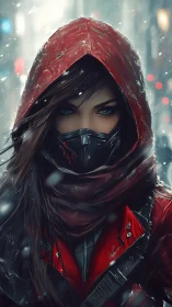 Hooded cyber vigilante in red amid snowfall.