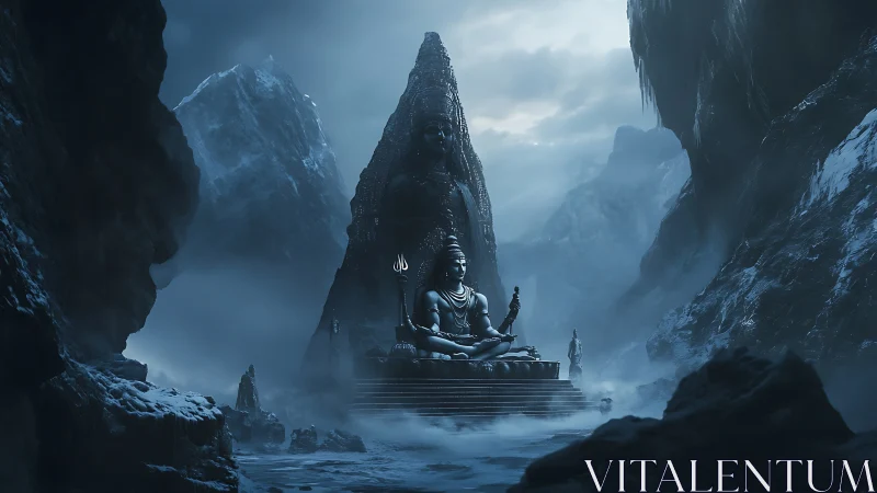 Large Shiva statue dominates icy mountain valley scene