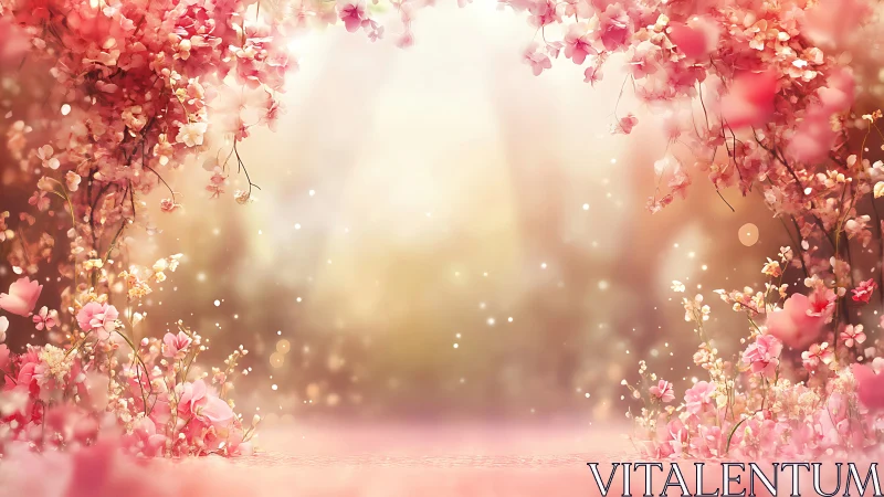 Luminous Floral Canopy: Pink Blossom Passage with Golden Bokeh.