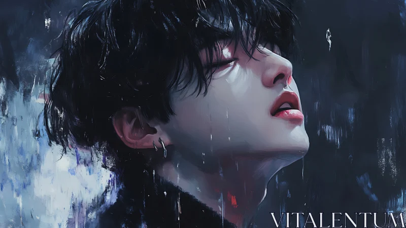 Side profile portrait of young man in stylized rainfall