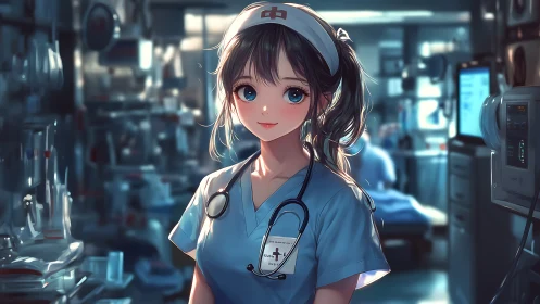 Anime nurse stands in glowing ICU environment, poised.