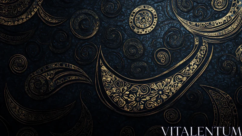 Gold paisley crescents on dark textured abstract background.