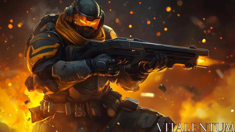 Armored flame-runner steadies a blazing sci-fi shotgun