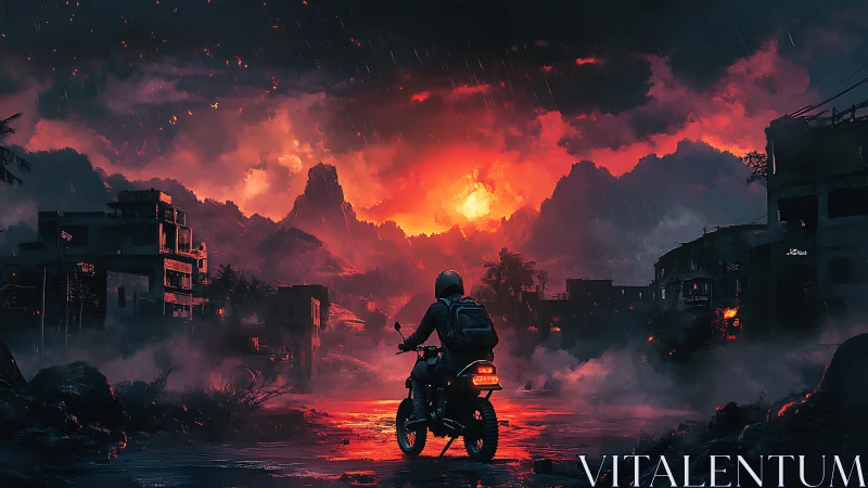 Lone biker crosses flooded ruins under burning storm sky.