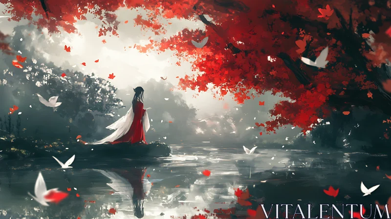 Crimson maple dreams embrace a lone river spirit in silence.