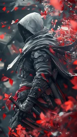 Hooded nightblade strolls through a storm of scarlet petals