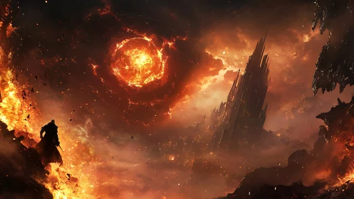 Apocalyptic realm consumed by stellar fires and gothic architecture.